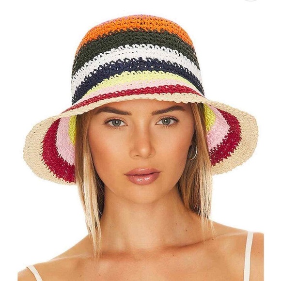 REVOLVE Accessories - NWT Revolve Hat Attack Remy Pink Multicolor Stripe Straw Bucket Hat